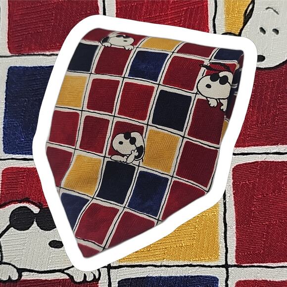 Vintage Peanuts Novelty Silk Tie Tic Tac Joe Snoopy Red Blue Yellow USA 57.8" - Picture 1 of 6